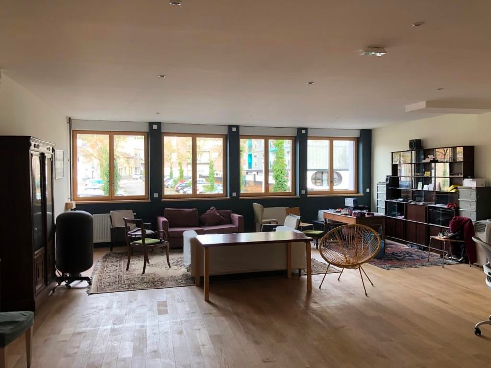Salle chaleureuse, avec canapés, bibliothèque, tapis